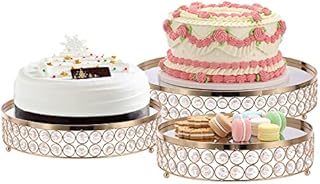 SUMNACON Set of 3 Crystal Metal Cake Stand Display Pedestal with Round Mirror Top Plate, 35CM+30CM+25CM Decorative Gold Cupcake Holder Dessert Stand for Wedding Birthday Party