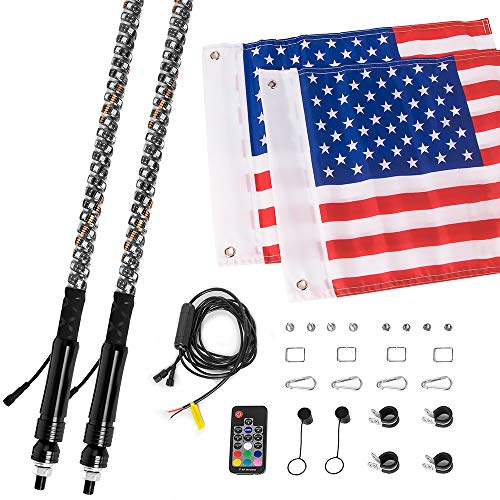 GTP 2pcs 4ft Spiral LED Whip Lights 360° Twisted 20 Color RGB - 21 Modes Lighted Whips Antenna W/Flag for UTV ATV Polaris RZR Quad Off-Road Can-am Maverick Yamaha Sand Dune Buggy 4X4