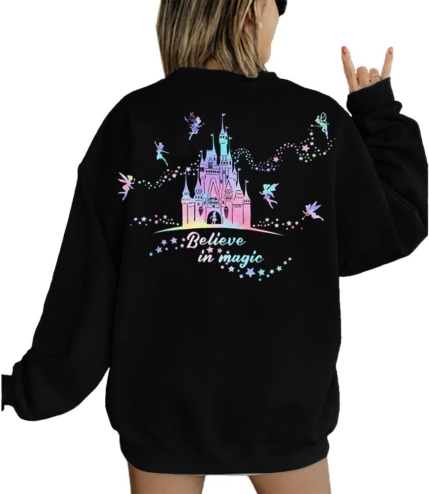 MYHALF Believe In The Magic Sweatshirt Women Crewneck Magic Pullover Shirt Family Vacation Castle Graphic Top