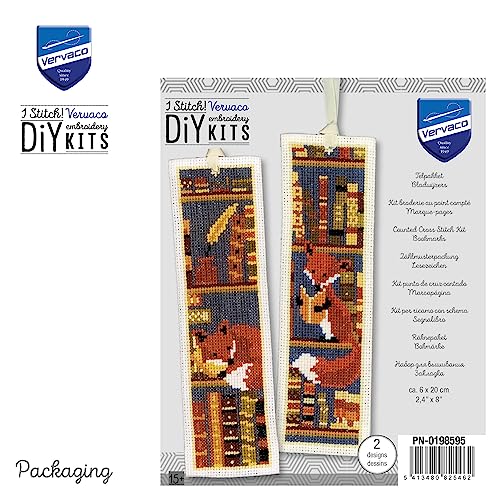 Image of Vervaco Set of 2 Fox Bookmarks in Bookcase, White, Approx. 6 x 20 cm, Set of 2