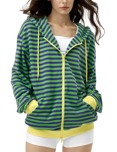 FAIABLE Striped Zip Up Hoodie Women Oversized Sweatshirt Hoodies Zipper Sweaters Pullover Cotton Vintage Preppy Shirt Outfits