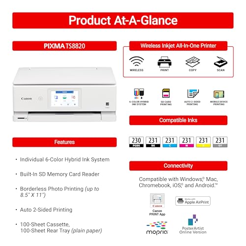 Image of Canon PIXMA TS8820 Wireless 3-In-1 Home Printer with One Sheet Multipurpose Tray, 6 Individual Inks System, and 4.3-Inch Color LCD Touchscreen (White)