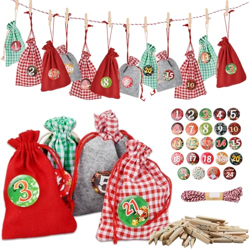 Volumoon 24pcs Christmas Advent Calendar Kit,Make Your Own Advent Calendar,DIY Advent Calendar Craft Set,with Jute Drawstring Bag and Number Sticker,Christmas Calendar Burlap Bag,for Xmas Decorations