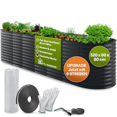 TTL GARDEN 320x80x80cm Elegance XL Metall Hochbeet Anthrazit - Stahl rostfrei verzinkt & grau lackiert Wellblech ovale Form sehr stabil Garten Beet für Gemüse Kräuter Blumen Gartenbeet Gemüsebeet