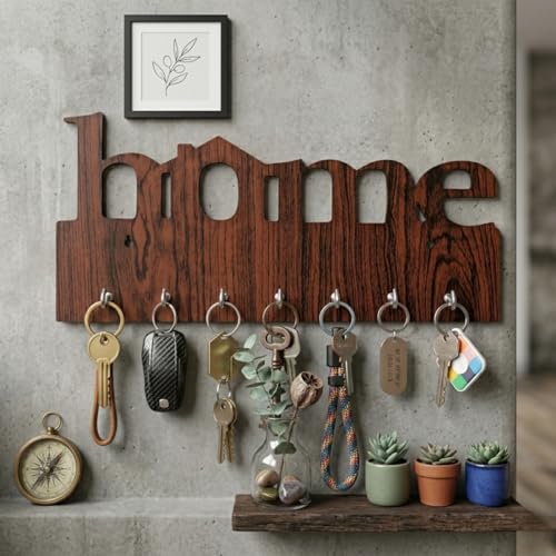 Image of Wooden Home Deign Key Holder for Wall | 7 Hooks Wall Mounted Key Hanger for Home Entrance | Decorative Wooden Key Stand for Living Room & Office | Key Organizer Rack for Wall Decor Brown