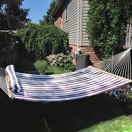 Harbourside Hammocks Quilted Fabric Hammock With Spreader Bar, 2 Person Double Hammock With Pillow And Chains, Hammock For Outdoor Outside Patio Poolside Backyard Beach 450 Lbs Capacity,Brown&White #TOP1