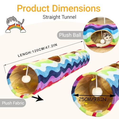 Image of Cat Tunnel -Straight-Shaped, Rainbow Wave Color, Soft Velvet Exterior, Oxford Fabric Fog-Proof Interior, Plush Toy Ball, Easily Washable, Conveniently Foldable, 47.2in /120cm