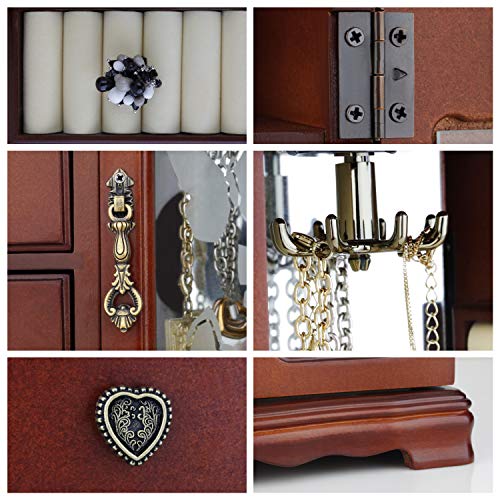 Rr Round Rich Design Solid Wooden Jewelry Box Makeup And Organizer Women Ring Storage With 4-Drawers Built-In Necklace Carousel And Mirror Brown #TOP2