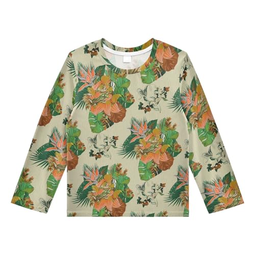 DOMIKING Tropical Flower Foliage Beige Boys Long Sleeve Rashguard Shirt Kids Quick Dry Swim Shirt for Running Swiming Pool 9-10T