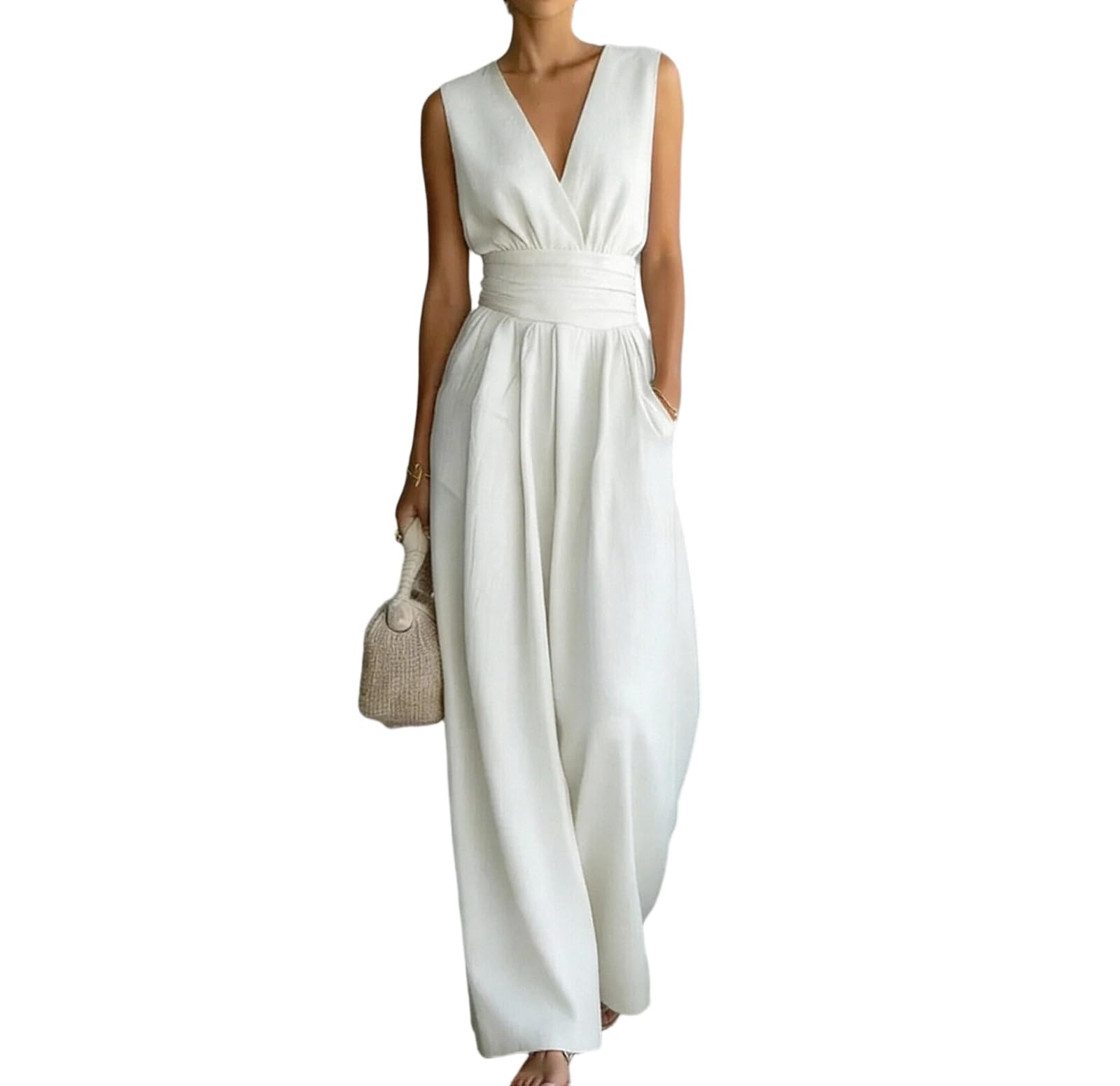 FUPODD Jumpsuit Damen Sommer Elegant Lang Tailliert Overall Festlich Hochzeit Romper Weites Bein Ärmellos Hosenanzug Hochzeitsgast Jumpsuits Frauen V Ausschnitt Buisness Playsuit Mit Tasche Onepiece