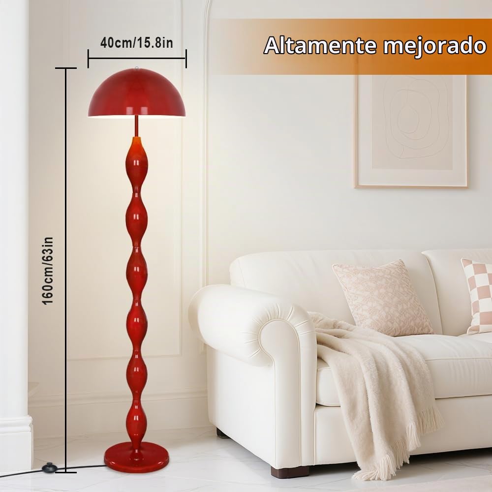 Lampara De Pie Estilo Retro, Lampara De Pie Salon,Luz Lectura Con Diseño De Seta,Color Rojo,Interruptor De Pie, Altura 160 Cm, Para Sala Dormitorio Oficina Estudio Habitación infantil