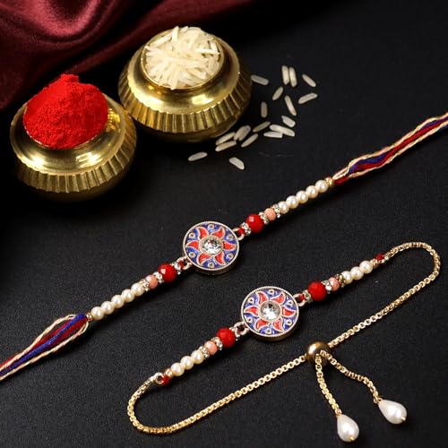 Image of Oblivion Rakhi Set for Brother and Bhabhi - Peacock with Feather Gift for Bhai & Lumba for Bhabhi with Silver Colour Coin and Greeting Card - Raksha Bandhan Combo