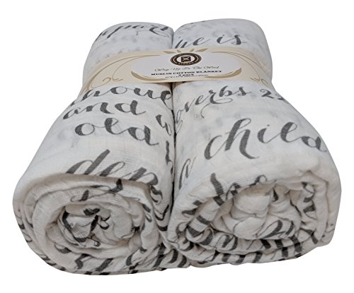 Proverbs Scripture Swaddle Blanket Gift Set, Train A Child Up in The Way He Should Go, Ultra-Soft 100% Cotton Muslin Receiving Blankets, Extra Large, 2 Pack (Gray)