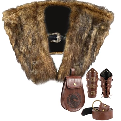 Ninewheat Adults Viking Costume Accessories 5 Pcs Men Medieval Cloak with Viking Faux Fur Shawl Arm Guard Bracelets Belt and Pouch for Halloween Larp Carnival TV Movies