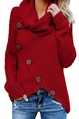 Tuopuda Jerseys De Punto para Mujer Cuello de Tortuga Manga Larga Suelto Prendas de Punto Suéter Irregular Jerséis Collar de la Pila Tops Sudadera Casual Tallas Grandes Suéter Suelta(Rojo,M)