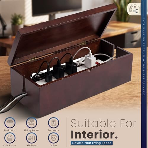 Solid Wood Cable Management Box - Large Cord Management Box Organizer; Cord Hiding Box for Desk; Wooden Storage for Chargers, Charging Station; Surge Protector, Power Strip - image 5