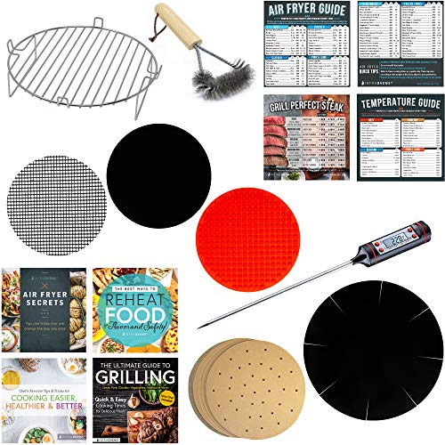 Air Fryer 7 inch Accessories Kit Compatible With Costway, Ninja, Zeny, Avalon Bay, Black & Decker,Maxi-Matic, Chefman, Posame +More | 100pk Parchment Paper Sheets + Cooking Guide Reference Magnets