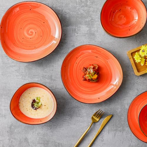 Kadum Potosi 8-teiliges Geschirrset für 4 Personen | Speiseteller Keramikteller hochwertige Keramik Bowls Saladbowls | 4x Frühstücksteller Ø 21,0 cm & 4x Salatbowl Ø 15,0 cm (Rot-Orange)