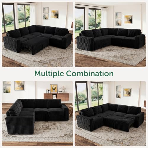 Image of HONBAY Modular Sectional Sleeper Sofa with Pull Out Bed,Corduroy L Shaped Couch with Storage, Sectional Couches for Living Room,Black