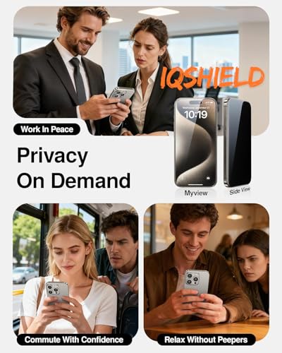 Image of IQShield My-View Privacy Screen Protector Tempered Glass Guard for iPhone 15 Pro, 9H Hardness, 2-Way Anti-Spy, Case Friendly [1 Pack]