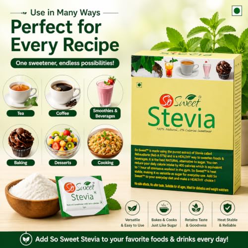 Image of So Sweet Stevia Sugar-Free Natural Zero-Calorie Sweetener, 50 Sachets (Pack of 5), Ideal for Sweetening Drinks, Baking, and Cooking, Diabetic & Keto-Friendly