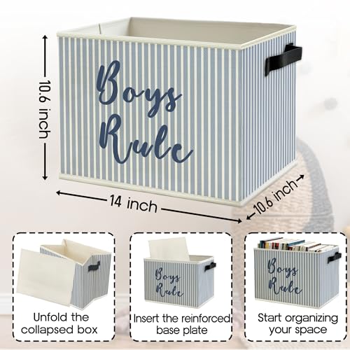 Image of Boy Nursery Storage Bins Box with Handles, Blue Striped Boys Rule Playroom Collapsible Basket Organizer for Kids Toddler Boys Room Bedroom Bathroom Books Clothes