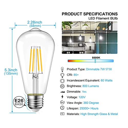 Image of Jensense Edison Bulbs E26 LED Bulb 60 Watt Equivalent, Vintage LED Light Bulbs CRI90+ ST19, Dimmable Clear Light Bulbs (5000K Daylight, 7watt-4 Pack)