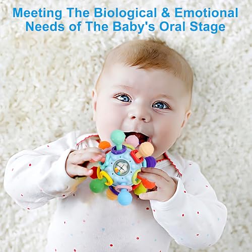 Image of Brand Conquer Silicone Baby Teether Ball Toy, BPA-Free Sensory Teething Toy for 3+ Months, Soft Chewable Textured Teether with Rattle, Colorful Grasping &Development Toy for Infants and Toddlers(Blue)