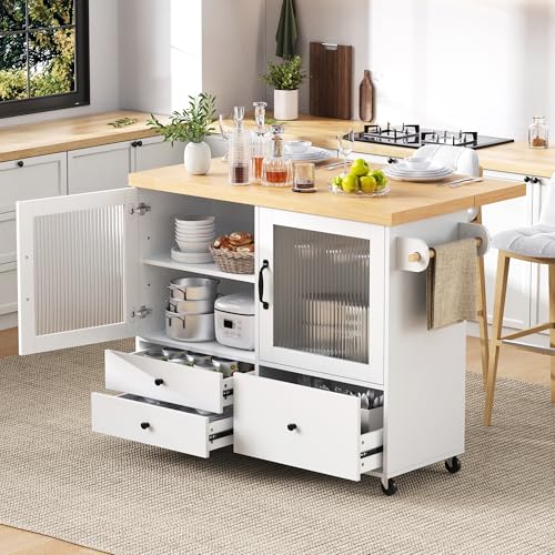 A ALFRESCOOL Isla de cocina móvil, carrito de cocina, mesa de comedor extensible, armario de buffet, armario de cocina con ruedas, soporte para copas de vino y espacio de almacenamiento, para cocina