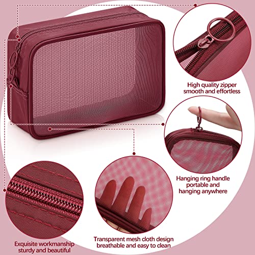Weewooday 4 Pcs Mesh Makeup Bag Mesh Cosmetic Bag Travel Toiletry Pouch with Zipper Mini Makeup Cosmetic Purse for Daily Accessory(Small, Large, Medium,Wine Red)3