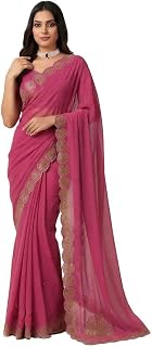 Women’s Elegant Rani-Red Soft Chiffon Saree with Embroidered Lace Border | Lightweight Party, Wedding & Festive Wear Saree with Unstitched Blouse Piece
