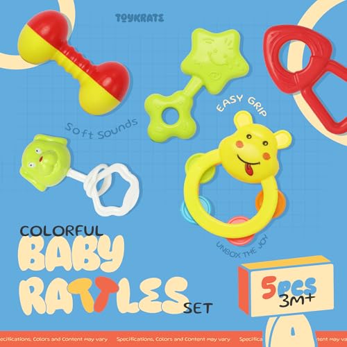 Image of 5 Pcs Baby Rattle Set for Infants 0-12 Months | Lightweight Durable Plastic Rattles for Babies 3-6 & 6-12 Months | New Born Toys & Baby Shower Gift Set