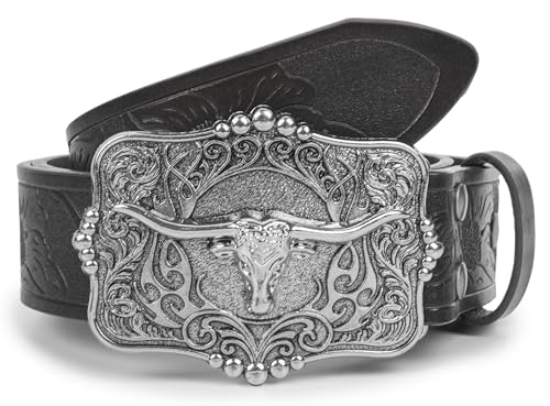 Western Cowboy-Cowgirl Leather-Belts for Men - with Longhorn-Bull