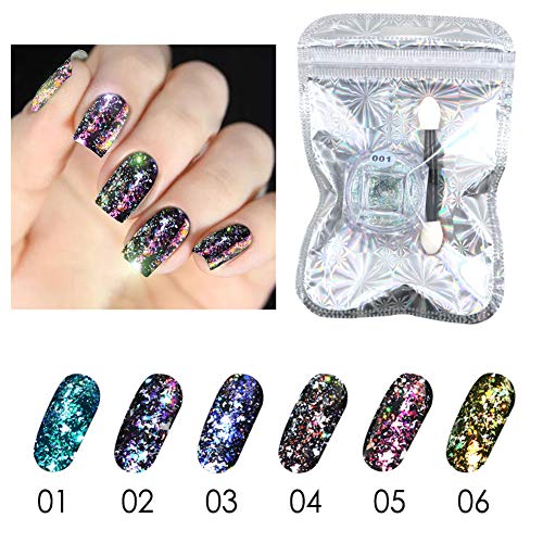 Chameleon Nail Chrome Powder - Aurora & Galaxy Effects Holographic Glitter Nail Powder Manicure Pigment Kit - 6 Colors(01-06)
