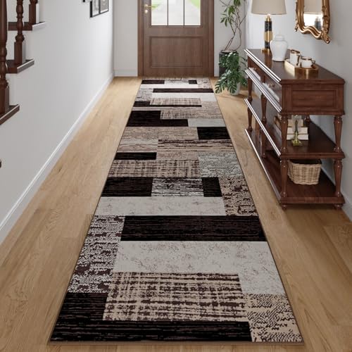 FlyDOIT Modern Geometric Patchwork Runner Rug, 2.7x10 Chocolate Runners for Hallways Non Slip, Washable Indoor Bedside Rugs for Bedroom, Floor Throw Carpet Runner for Entryway kitchen Bathroom Laundry