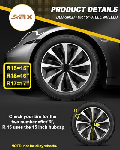 Image of ABX Hubcaps, 15 inch hubcaps Set of 4, Wheel Rim Cover ABS Material, Snap On Car Truck SUV Replacement, for Toyota Camry Nissan Mazda etc, Black & Silver