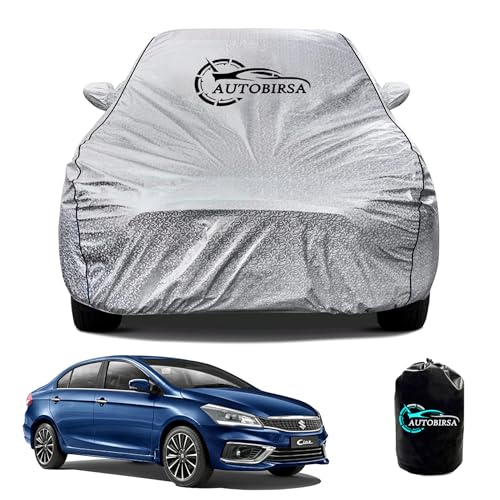 Image of Waterproof Car Body Cover for Maruti Ciaz with Mirror Pocket and Soft Cotton Lining (4 Side Elastic Triple Stitched & Metallic Silver with Black Piping Style)