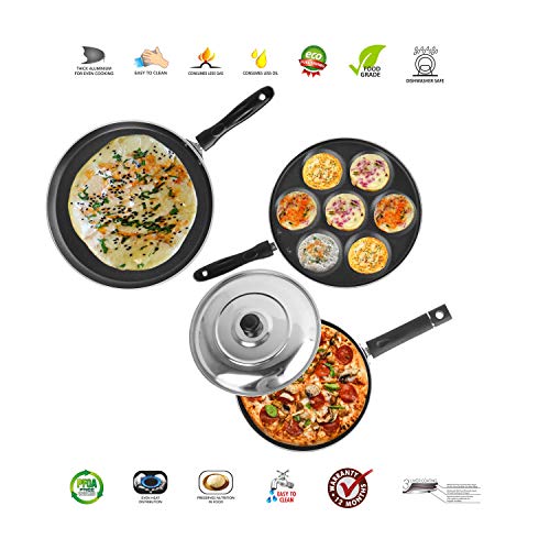 Image of Sumeet Aluminium 2.6 mm Thick Non-Stick Rory Combo Set (Red, Dosa Tawa 26.5 cm Dia , Multi Snack Maker 26.5cm Dia, Pizza Pan 23 cm Dia)