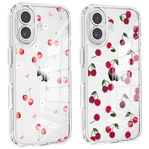 Coque de téléphone cerise pour iPhone 16 transparent fin résistant aux chocs x2