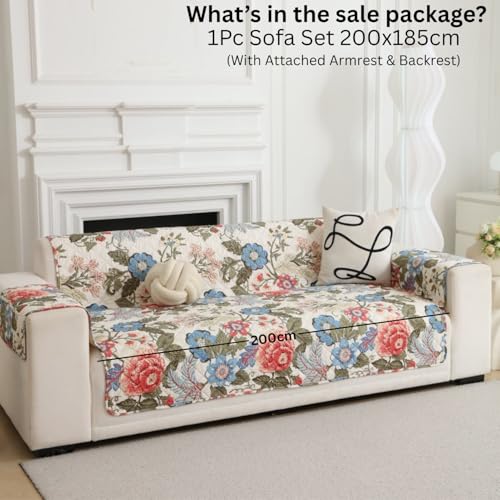 Image of HOMETHREADS Premium Style Anti Slip Sofa Cover Set | Cotton Sofa Slipcover | 1Pc Front Cover with Attached Armrest + 1Pc Back Cover (Rose Beige, 4 Seater | 200x185cm)