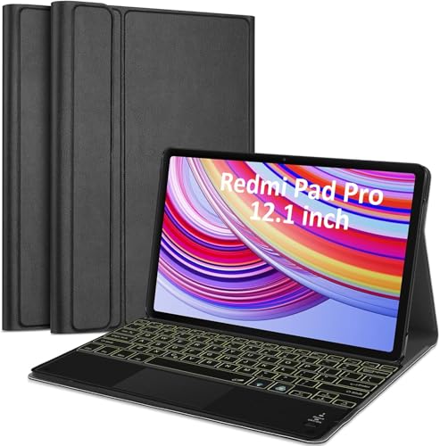 Image of HOM Tri Fold 7-Colour Backlight Detachable Wireless Bluetooth Keyboard with Trackpad /Touchpad & Tablet Cover Case for Redmi Pad Pro 5G Tablet 12.1 inch