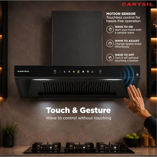 Image of Carysil AeroSync 60 cm Kitchen Chimney, T- Shape, 1500 m /hr Suction, Auto-Clean Filterless, 3-Speed Touch & Gesture Control, LED Lamp, 10-Year Warranty - Black