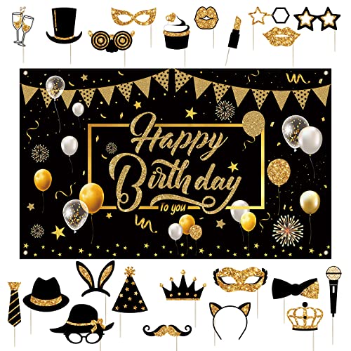 Toile de Fond d'anniversaire avec 24 Pcs Accessoires de Photobooth de Fête, Accessoires de Photomaton Décorations Arrière-Plan de Fête Happy Birthday Bannière de Photographie (Or, Noir)