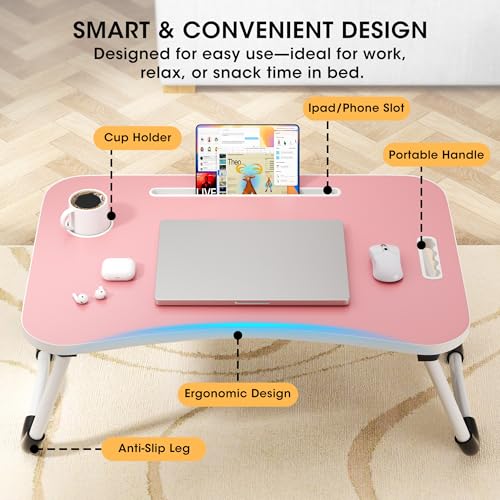 Image of Folding Lap Desk, 23.6 Inch Wood Laptop Bed Desk with Cup Holder, Portable Bed Table for Working Writing Reading & Eating for Bed, Sofa, Couch, Floor - Pink