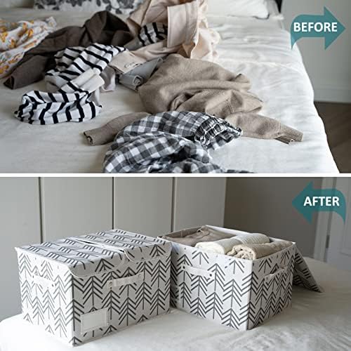 Salato Storage Baskets with Lids 42x32x26cm, 2 Pack Collapsible Storage Boxes with Lids & Printed Patterns, Large Storage Baskets with Double Lids for Shelves, Beige