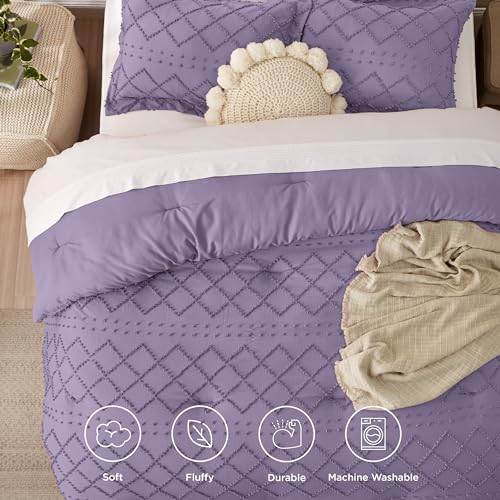 Image of Bedsure Full Comforter Set - Grayish Purple Comforter, Boho Tufted Distressed Vintage Bedding for Kids, 3 Pieces Farmhouse-Style Bed Set for All Seasons, Fluffy Soft Bedding with 2 Pillow Shams