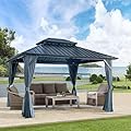 Ziraukon 10' X 12' Hardtop Gazebo with Galvanized Steel Double Roof, Aluminum Frame Gazebos with Curtains and Netting, Outdoor Metal Pavilion for Patio, Lawn, and Garden, Grey