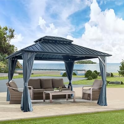 Ziraukon 10' X 12' Hardtop Gazebo with Galvanized Steel Double Roof, Aluminum Frame Gazebos with Curtains and Netting, Outdoor Metal Pavilion for Patio, Lawn, and Garden, Grey