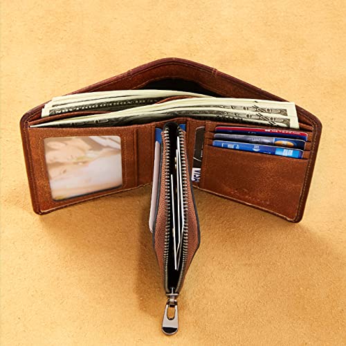 Mens Wallet Stylish Genuine Leather RFID Blocking Bifold Wallet for Men Zip Coin Pocket Multi Card Holder Purse (Brown)4