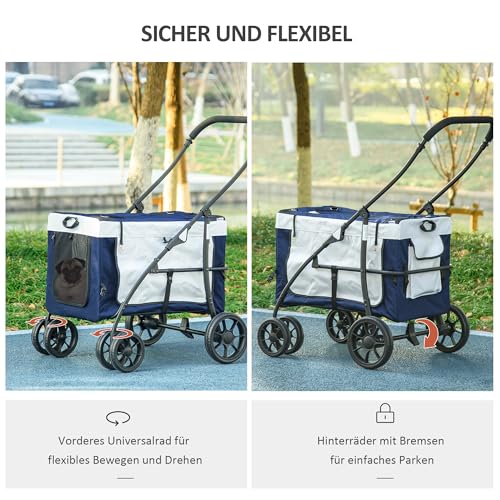 PawHut 2 in 1 Hundewagen Hundebuggy klappbar für Hunde & Katzen bis 10 kg Katzenbuggy mit Kissen Netzfenstern Türen Aufbewahrungskorb Katzenwagen Buggy Blau